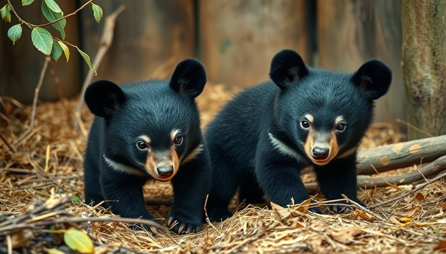Curious black bear cubs in rescue enclosure with hay and leaves.
