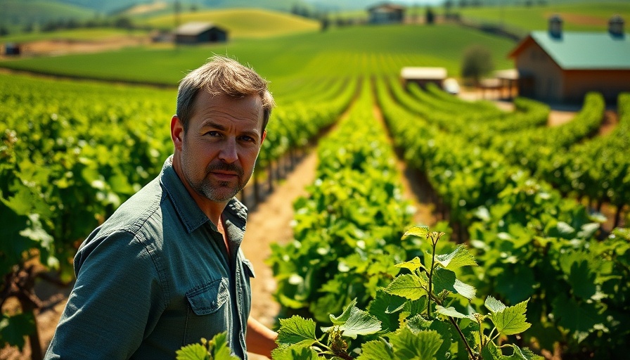 Man tending vineyard in California wine country; focus on California wine industry tariffs.