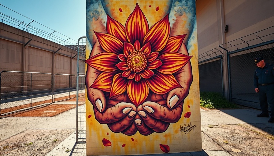 San Quentin mural depicting hands with glowing flower in prison yard.