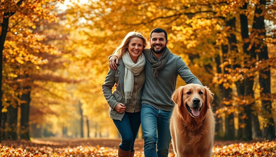 Happy couple walking faster for 15 minutes with dog in autumn forest.