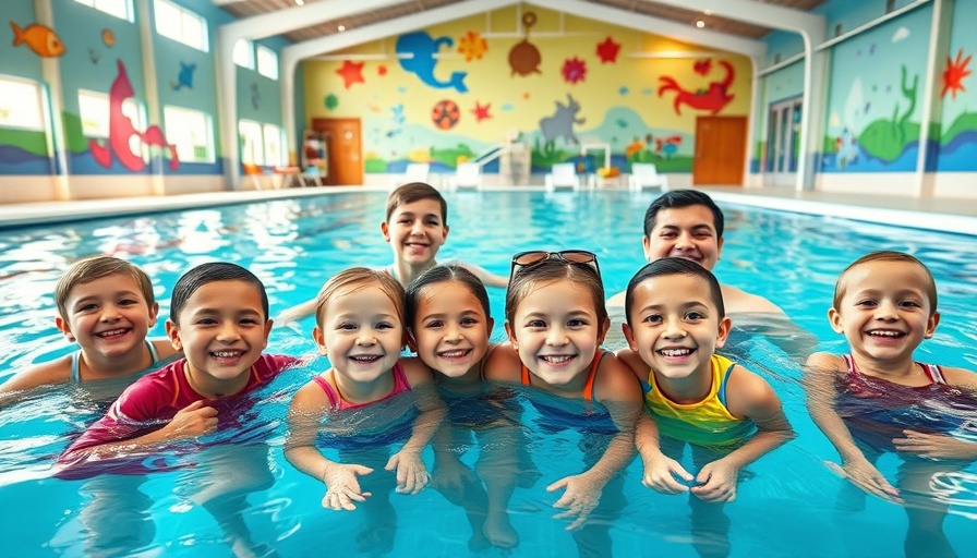 Children enjoying drowning prevention swim lessons in an indoor pool.
