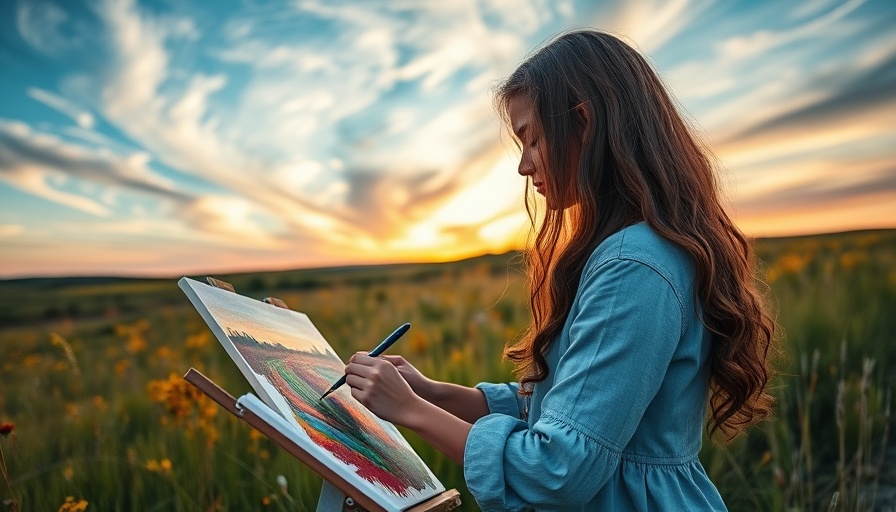Graceful woman creating therapeutic art in a vibrant meadow.