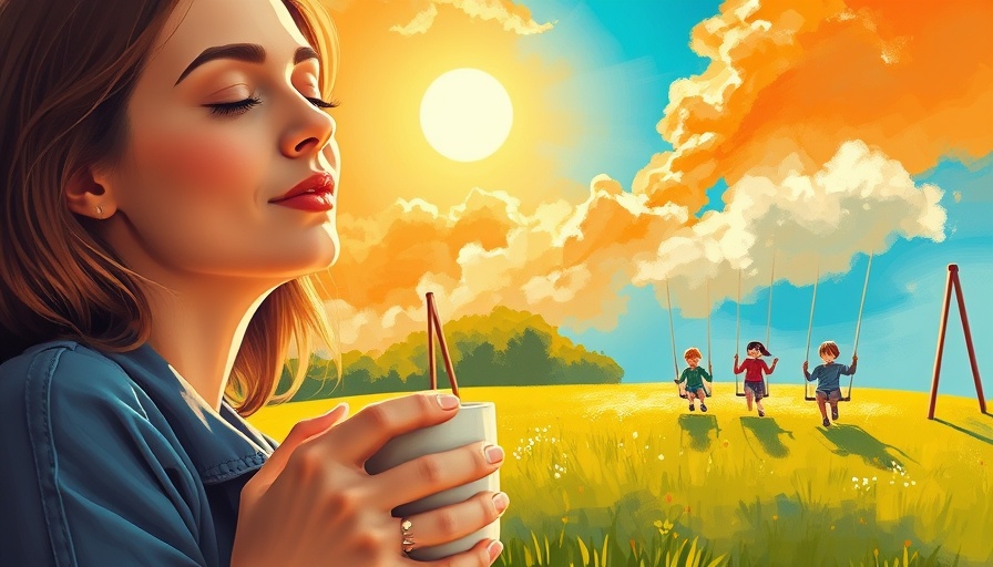 Peaceful woman holding coffee, children playing on swings in a sunny meadow.