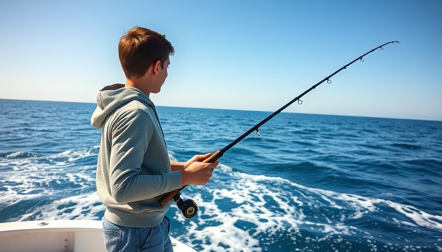 Person fishing at sea under clear skies with 'Navionics vs LakeMaster' text.