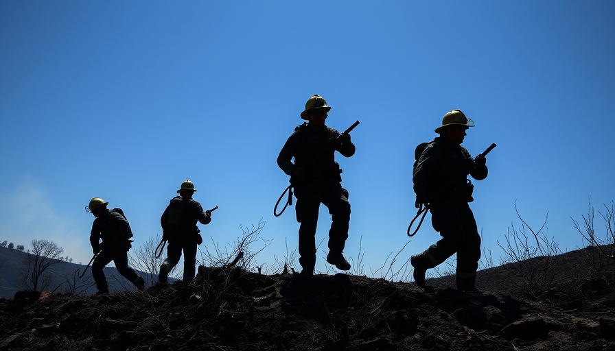 Silhouette of firefighters in Southern California wildfire heat wave