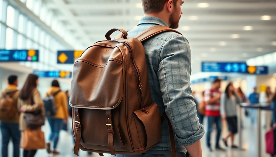 Traveler with backpack in airport line, Reis travel bottle.