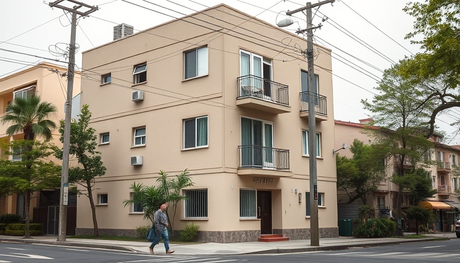 Modest beige apartment building in San Diego neighborhood.