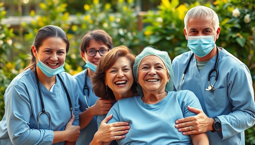 Patient and medical team celebrating successful arm reattachment surgery outdoors.
