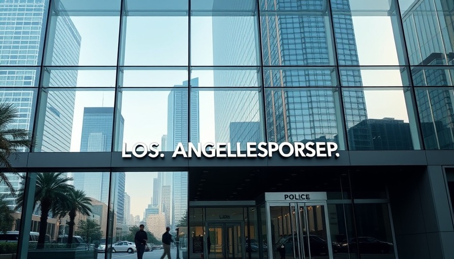 Facade of Los Angeles Police Department building reflecting cityscape.