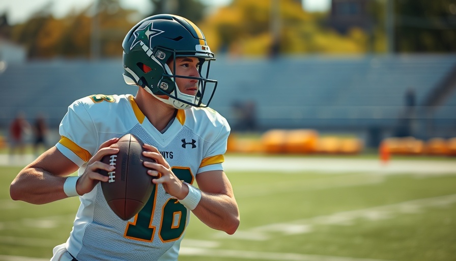 Focused football player ready to throw a pass at training camp, illustrating athlete marketing platform.