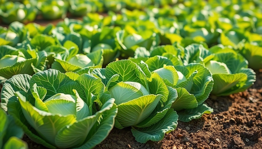 Succession planting in garden with thriving cabbage plants.