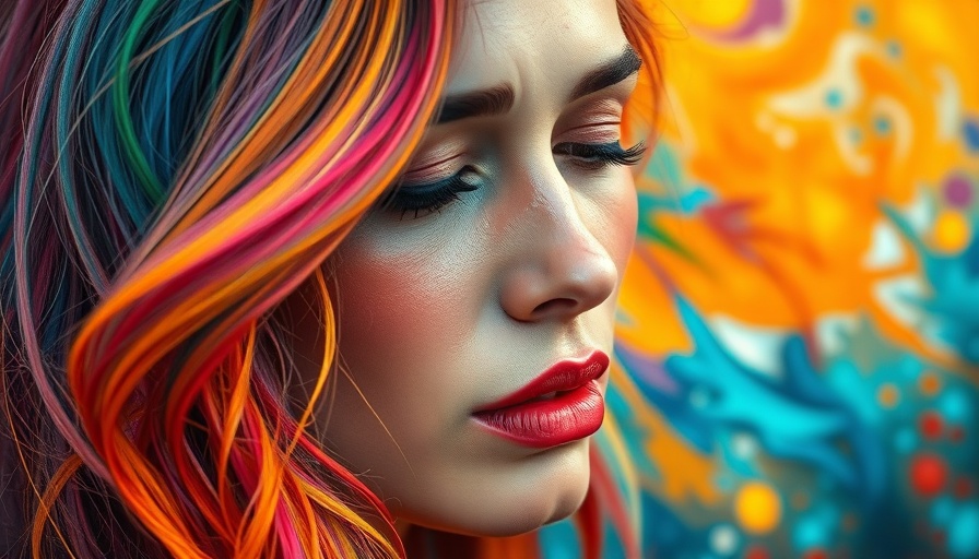 Vibrant multicolored portrait of a woman softly crying, packaged healing.
