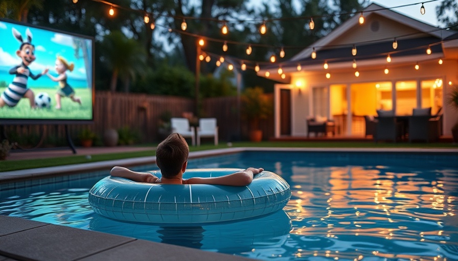 Outdoor movie night with inflatable screen and pool setup.