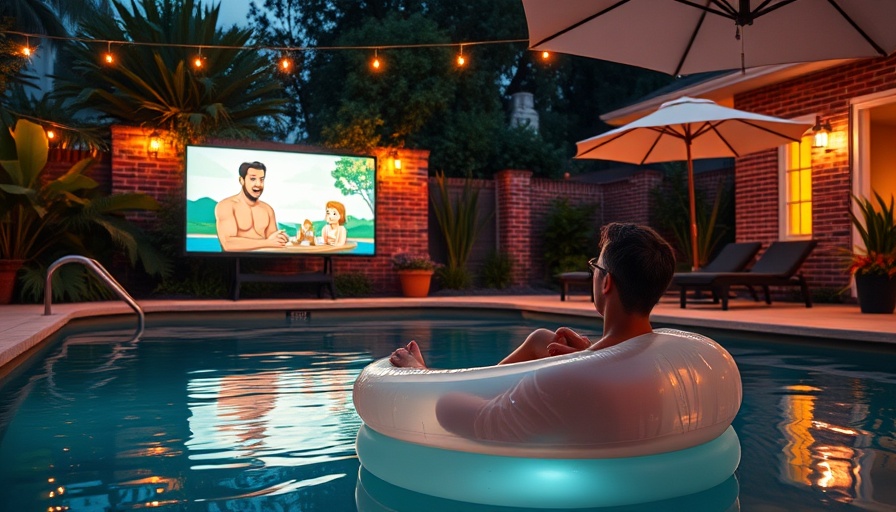 Outdoor movie night equipment by pool with inflatable lounger.
