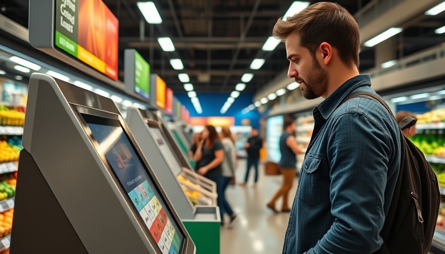 Man using self-checkout in California grocery store; self-service kiosk.