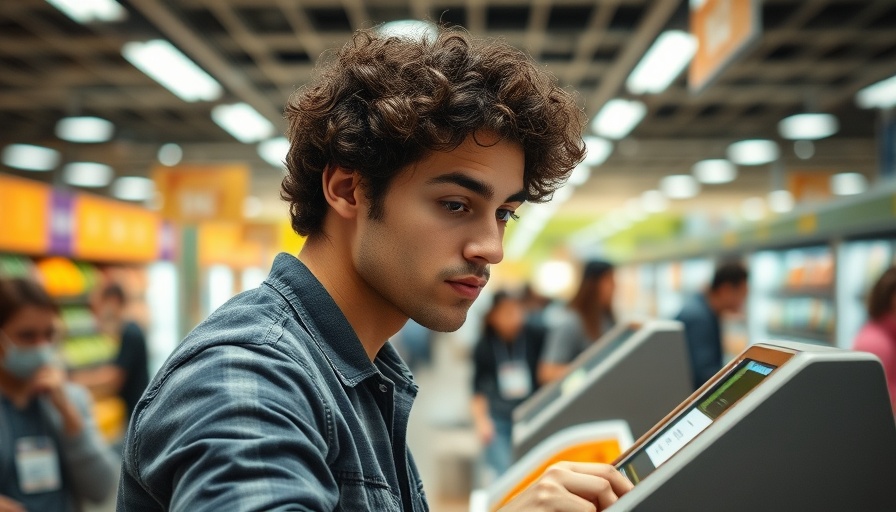 Self-checkout scene in a California store reflecting bill impact