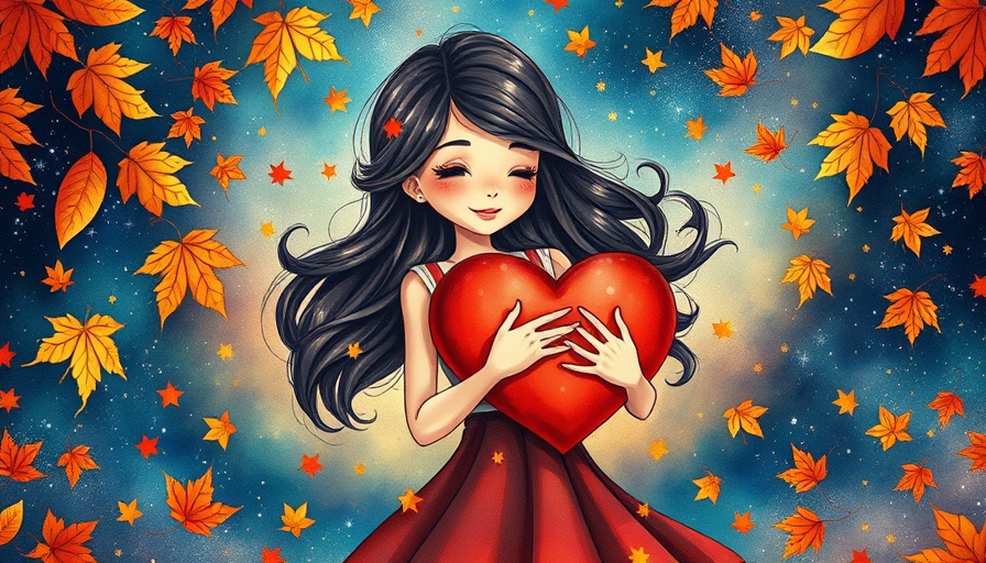 Whimsical illustration of woman embracing heart in cosmic scene, health and wellness theme.