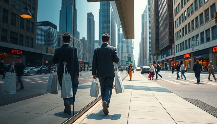 Impact of tariffs on business growth shown in urban retail reflection.