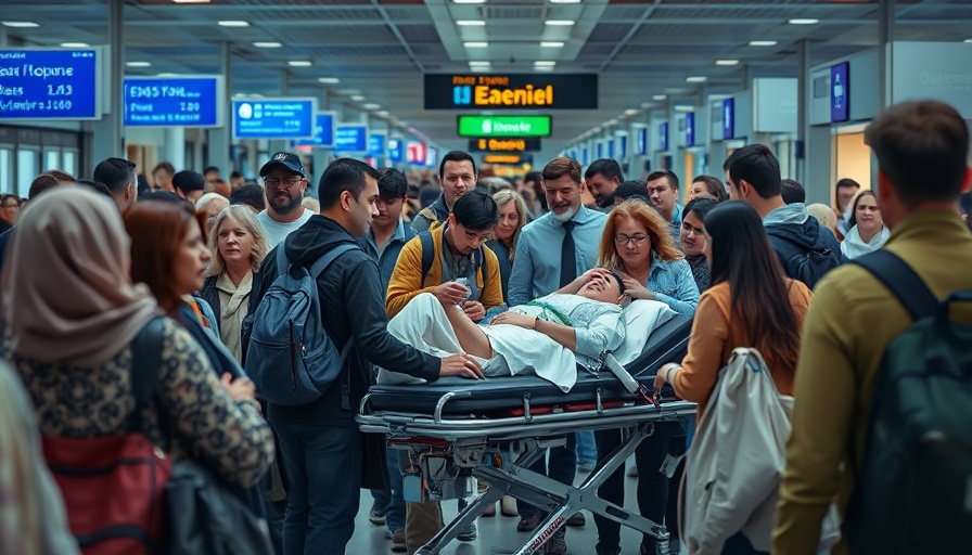 Airport scene with diverse group and patient, Visitor visas for Gaza residents theme.