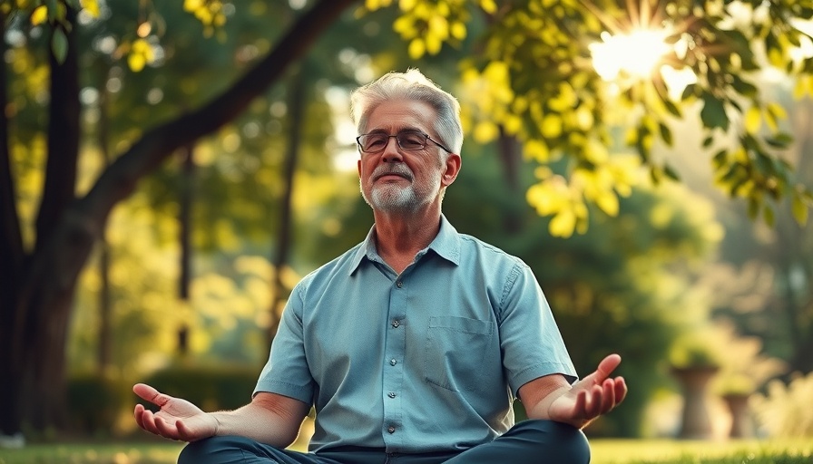 Middle-aged man meditating outdoors, embracing tranquility.