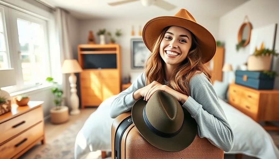 Cheerful young woman with suitcase in bright bedroom, vacation ready.