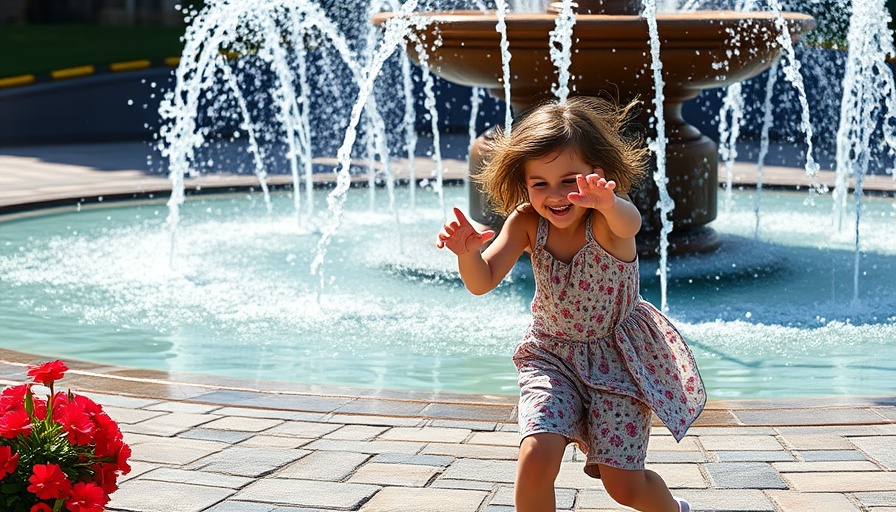 Young girl enjoying water near fountain, Extreme Heat Watch San Diego.