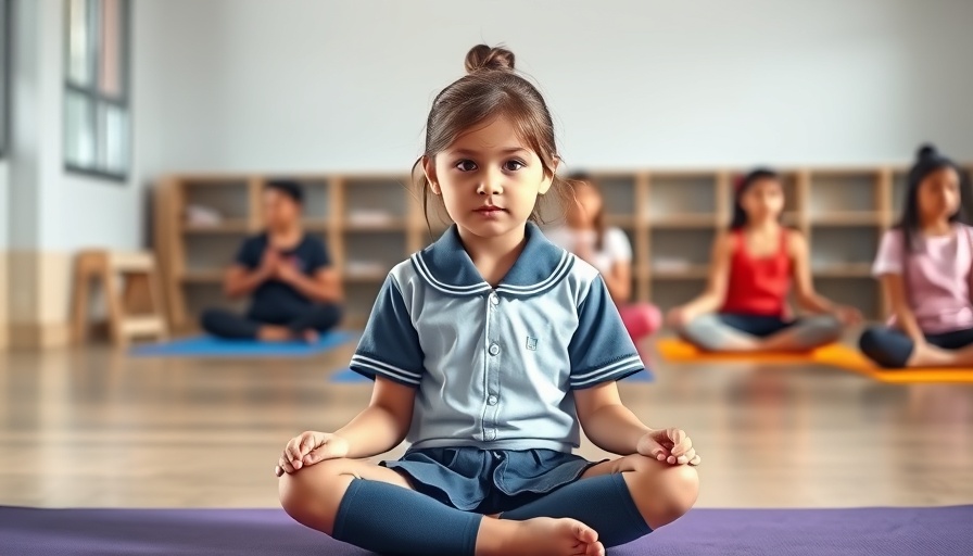 School girl practicing yoga in classroom setting.