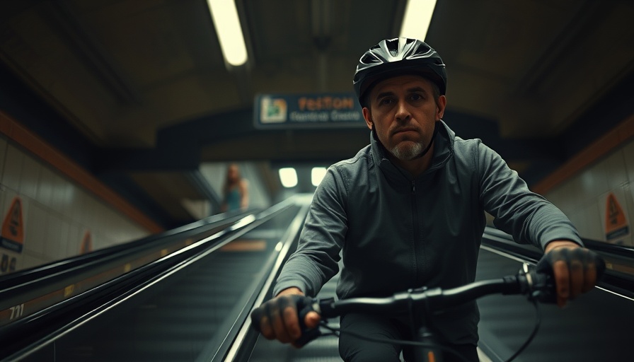 Solitary cyclist on metro escalator, highlighting metro bus ridership decline.