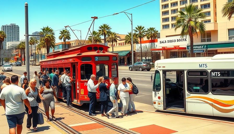 San Diego train station with trolley and bus in action