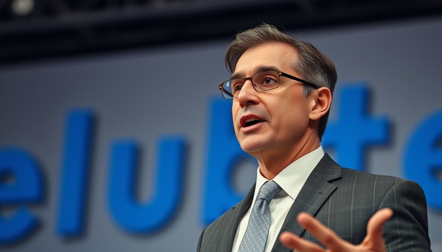 Confident man speaking at event with blue background