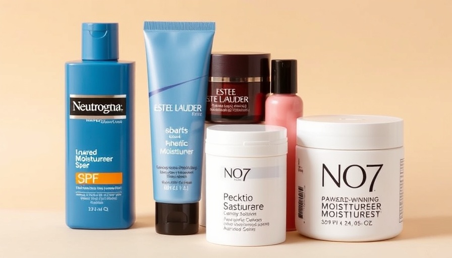 Award-winning moisturizers in various bottles on beige background.
