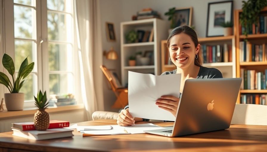 Remote work tips: Woman happily working from home.