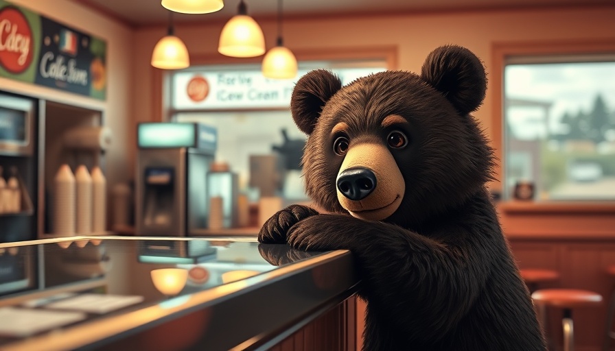 Bear found behind the counter of ice cream shop peeking over the counter interior.