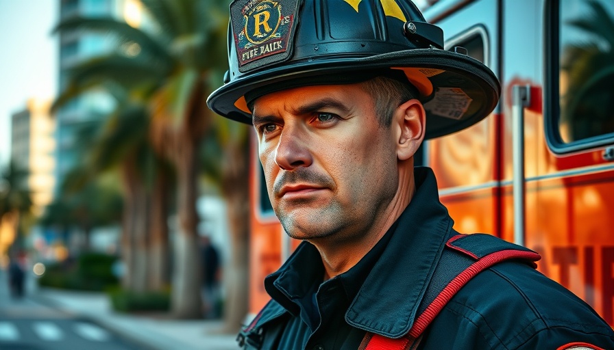 L.A. fire chief outdoors amid scandal discussion, serious expression, palm trees.