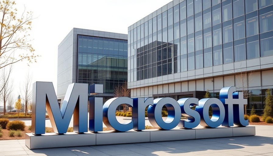Microsoft logo outside modern office building in bright daylight.
