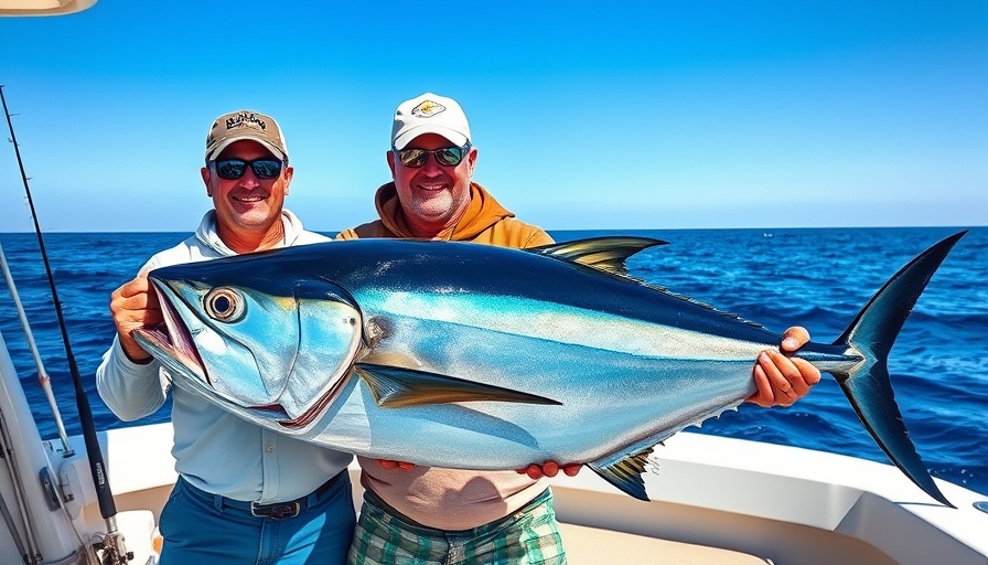 Two fishermen with bluefin tuna on a boat in San Diego