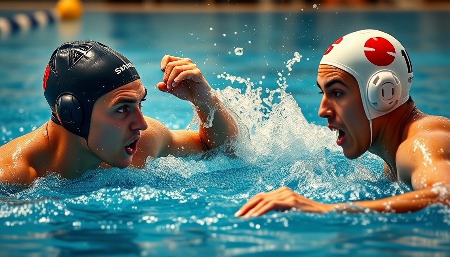Newport Harbor Boys Water Polo intense match action scene.
