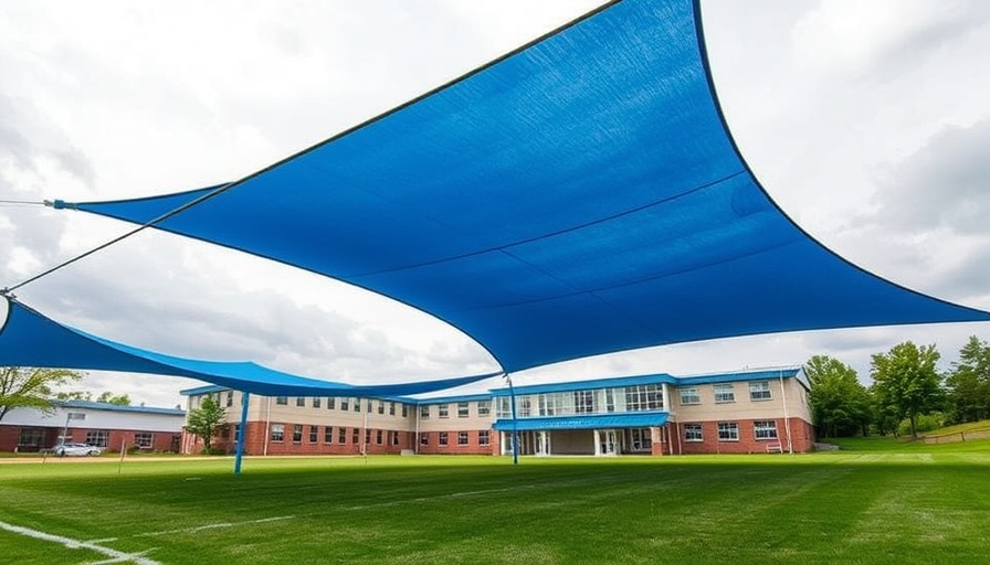 Best Shade Sails for Schools: Blue and white sail providing shade on school field.
