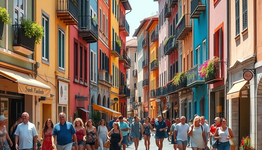 Charming street scene with vibrant buildings and people strolling, related to budgeting for family dreams.