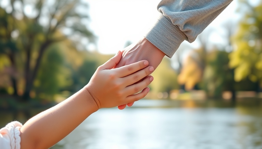 Adult hand holding child's hand with care in a peaceful park setting.