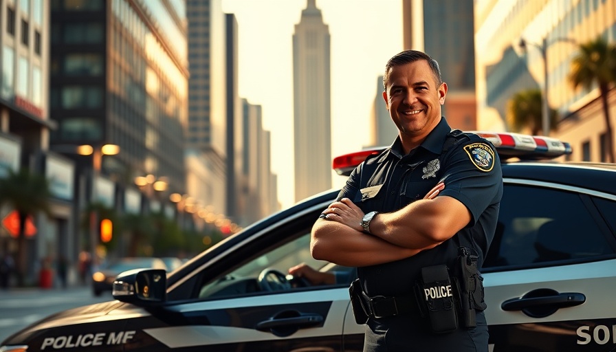 Los Angeles Sheriff standing by upgraded patrol car in city.