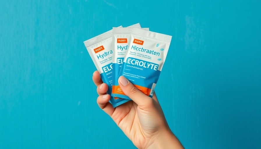 Electrolyte supplement sachets in hand on blue background.