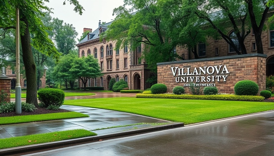 Villanova University sign on a rainy day showcasing campus.