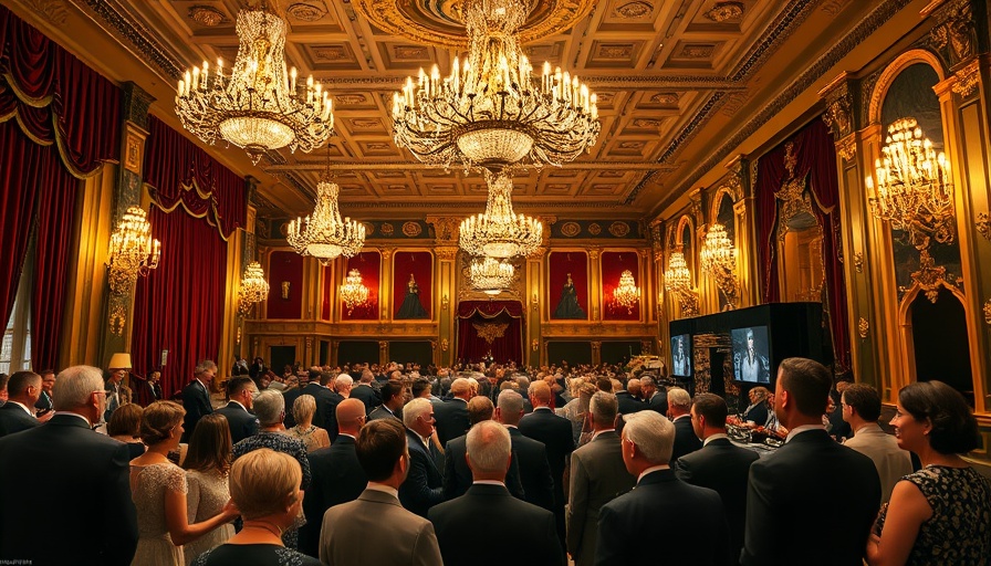 High-end auction market scene with luxurious decor and attendees elegantly dressed.