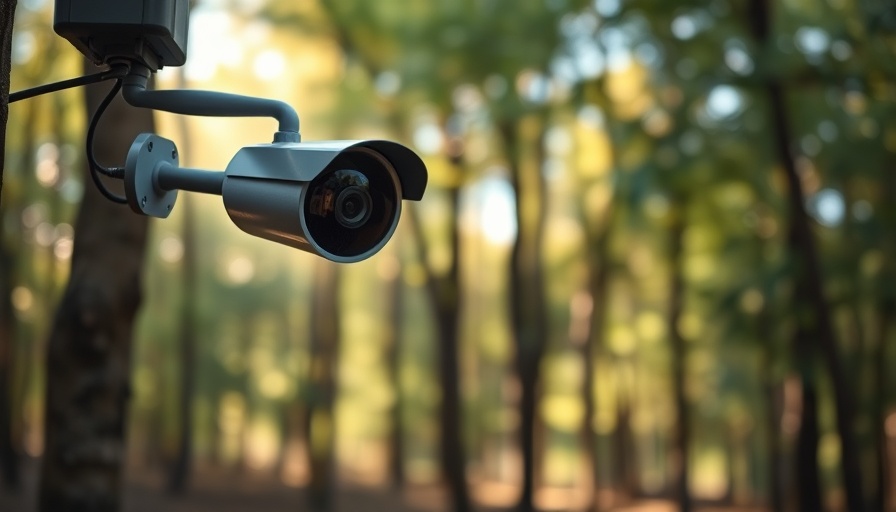 Smart home technology for off-grid security: Outdoor security camera with forest background.