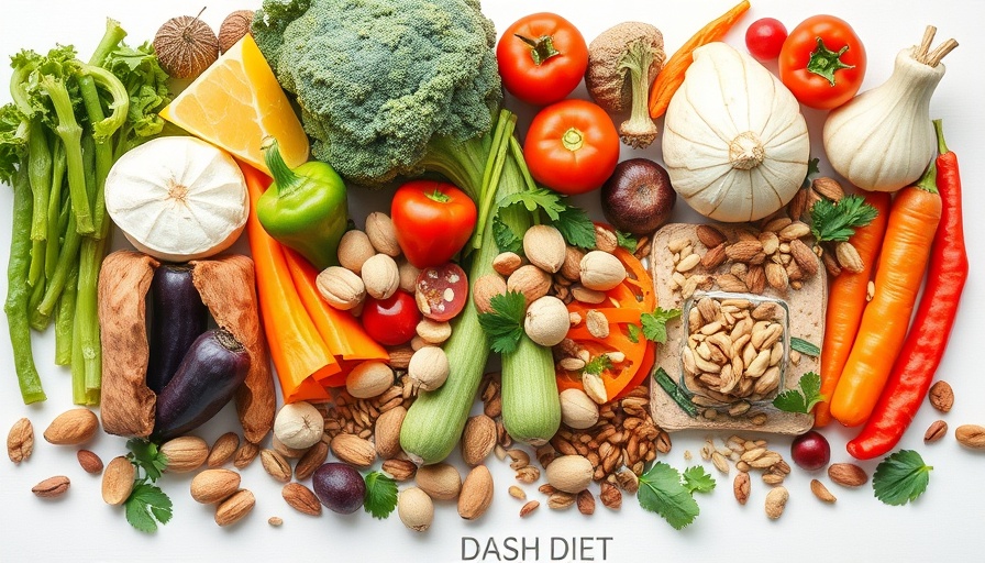 DASH diet healthy foods including assorted vegetables, nuts, proteins.