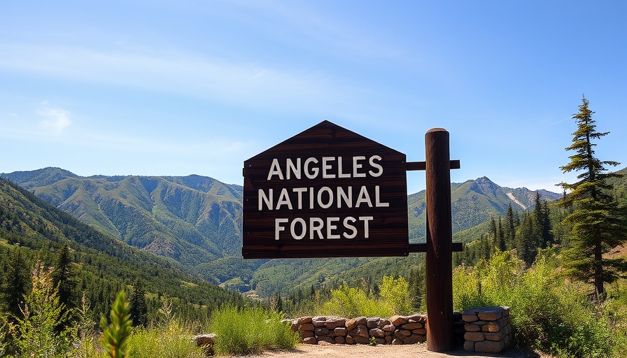 Angeles National Forest sign with mountain scenery.