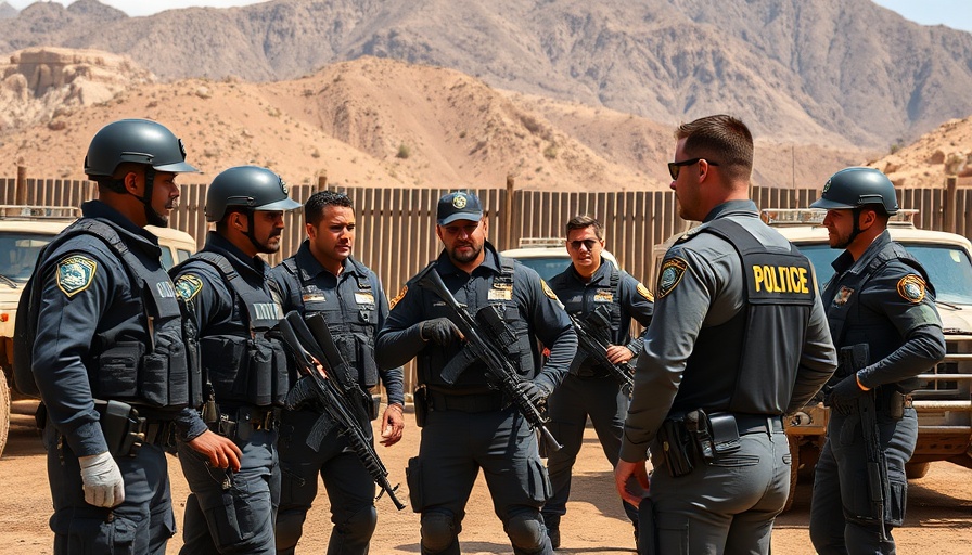 Law enforcement operation in desert area with tactical vehicles visible.