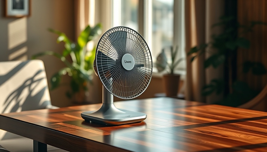 Modern tabletop fan on wooden table, showcasing smart home technology.