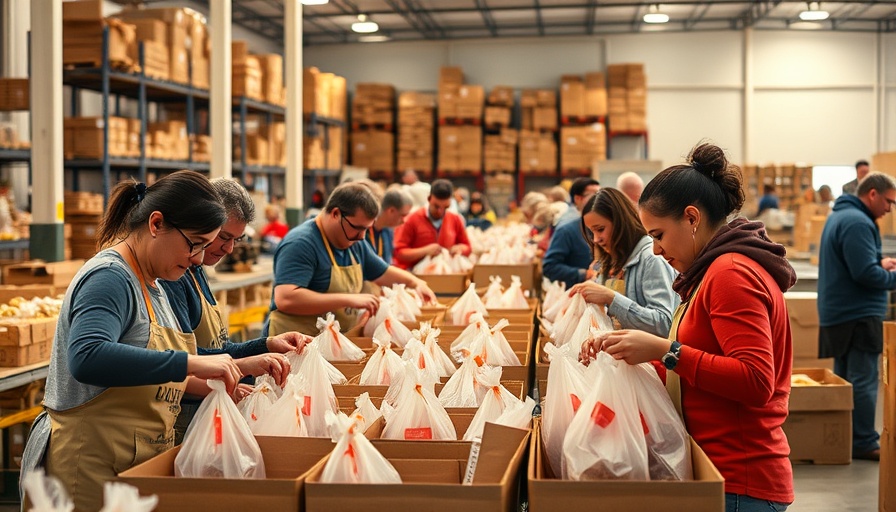Volunteers at San Diego Food Bank packing bags, highlighting California food aid cuts.